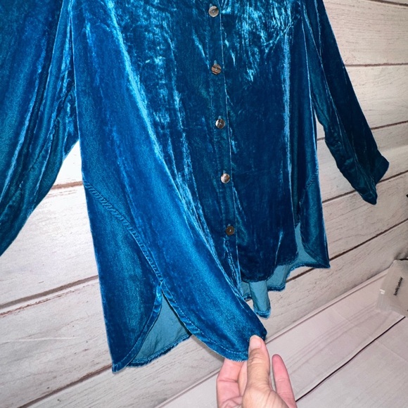 Habitat Blue Velvet Button Down Shirt Size XS Soft Timeless Office Wear Church - Picture 3 of 7